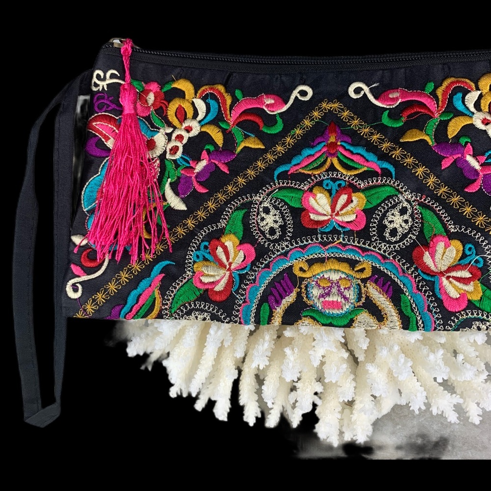Colorful Floral Embroidered Pink Tassel Wristlet - Picture 4 of 15